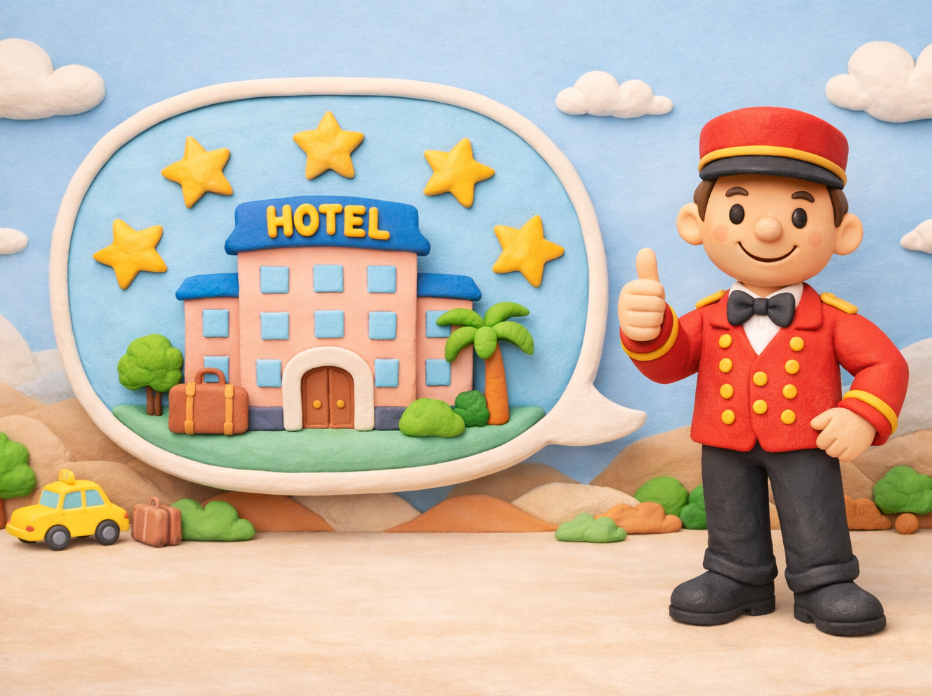 Een kelner met een duimomhoog in klei-stijl animatie